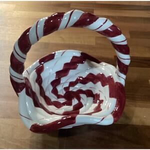 Lillian Vernon Peppermint Striped Red/White Handled Basket Ceramic Candy Dish